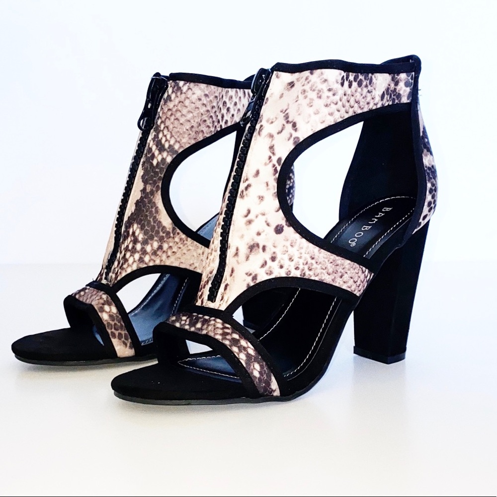 🔥Bamboo Snake Zip Front Cut Out Open Toe Heels - Picture 2 of 6